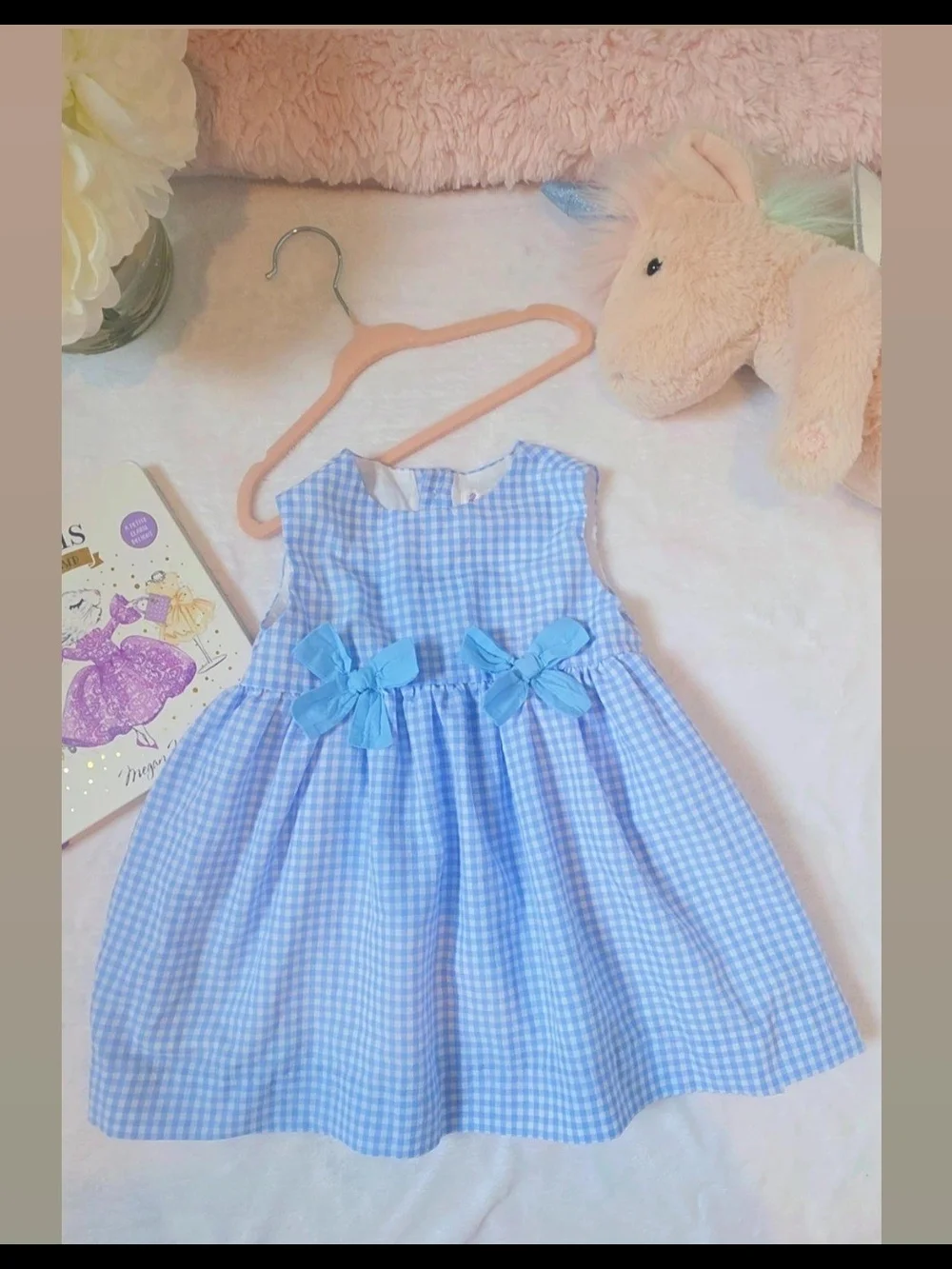 Rachel Riley Light Blue Gingham Dress with Bow Accents